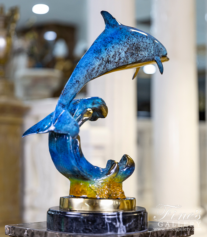 Bronze Statues  - Dolphin Riding Wave In Brilliant Blue Bronze - BS-1722